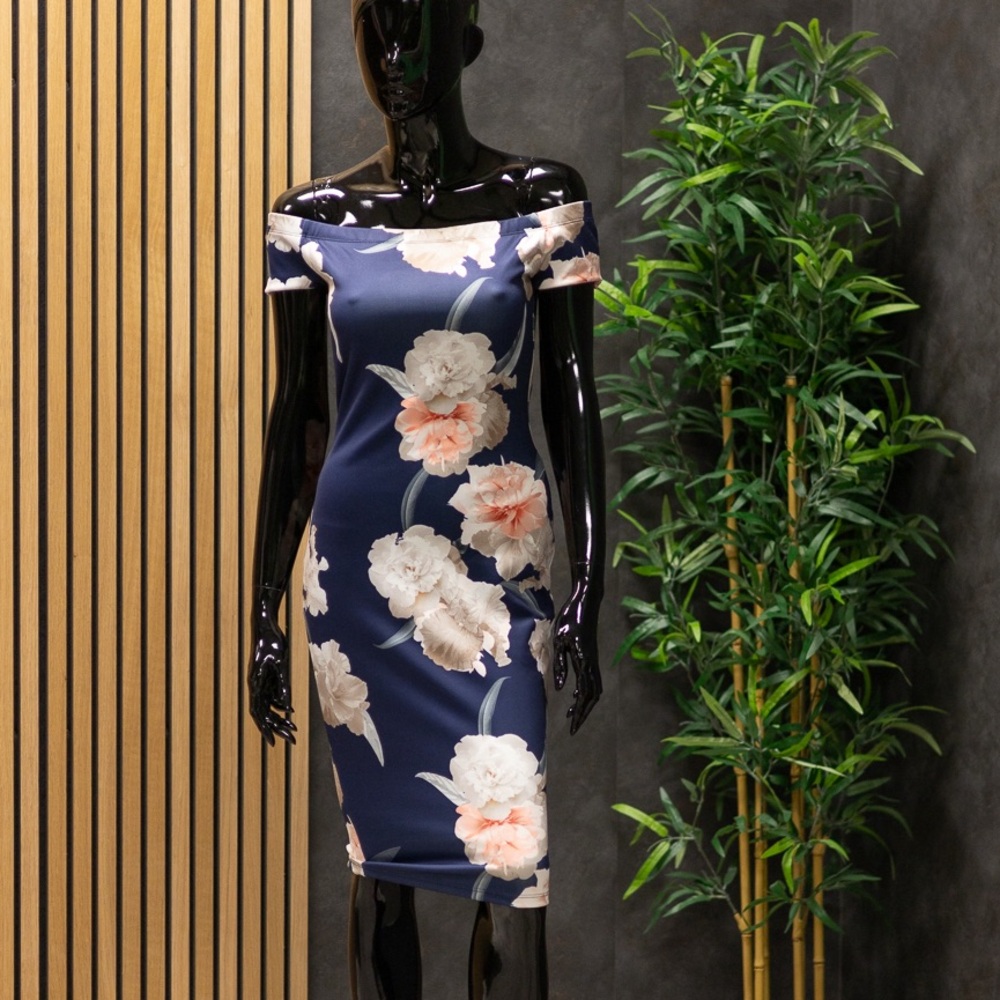 Windsor Navy Floral Off Shoulder Midi Dress, Size M